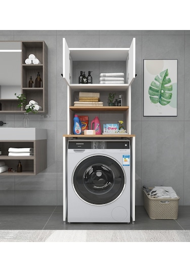 Enda Home Çamaşır Makinesi Dolabı 2 Kapaklı Banyo Dolabı Çam Atlantik Çam - Beyaz