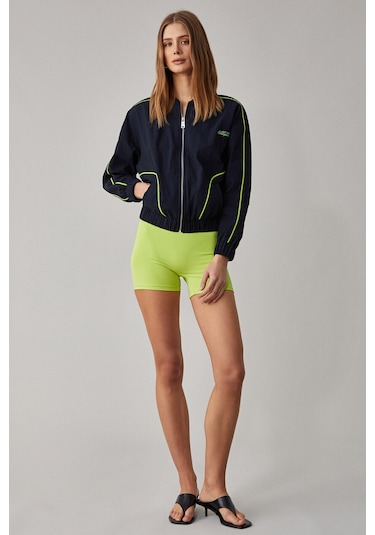 MERLYAN Kadın Bomber Yaka Oversize Fermuarlı Lacivert Ceket