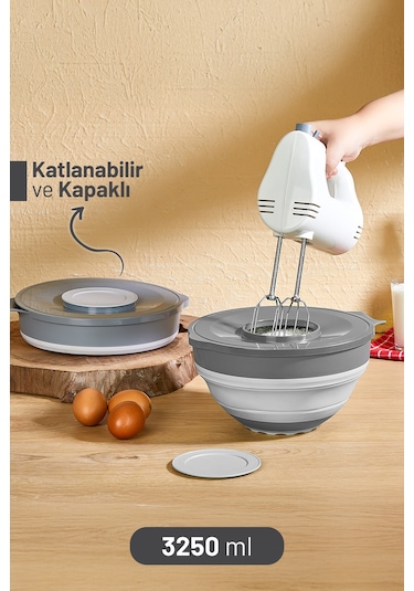 İronika Katlanır Akordiyon Sıçramayı Önleyici Kapaklı Mikser Karıştırma Kabı 3250 Ml Gri