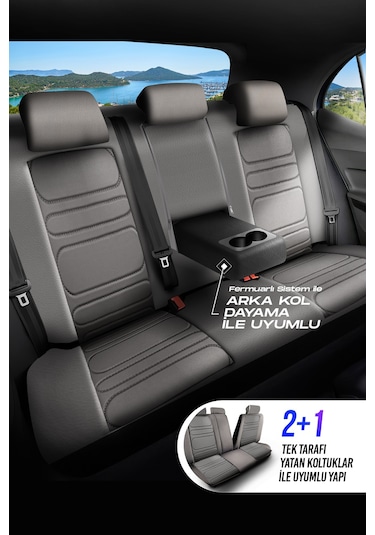 Gri - Gri Panda Rodos Serisi Deri Ortopedik Oto Koltuk Kılıfı - Tam Set