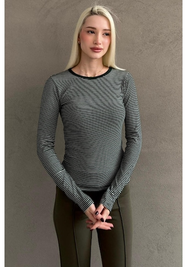 Yeşil Çizgili Uzun Kollu Kadın Body Mg2657 Yeşil