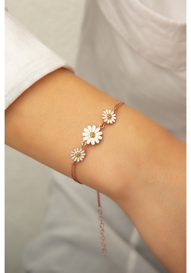 Üç Papatya Süzme Bileklik - Sarı Nano Zirkon Taşlı Mineli Rose Altın Kaplama 925 Ayar Gümüş