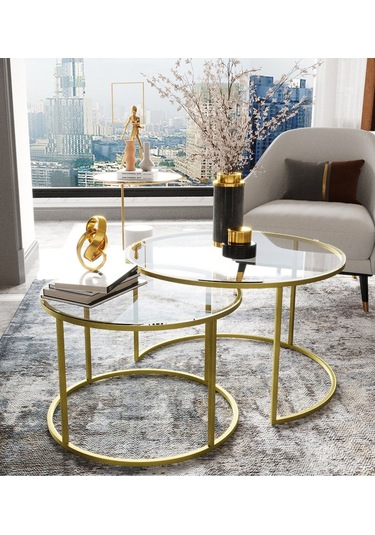 Dekoport Milas Mat Gold Orta Sehpa - Temperli Şeffaf Cam Gold