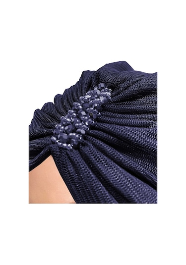 Dizayn Tüllü Kristal Taş İşlemeli Çift Taraflı Astarlı Lacivert Hazır Türban Tesettür Abiye Bone Lacivert