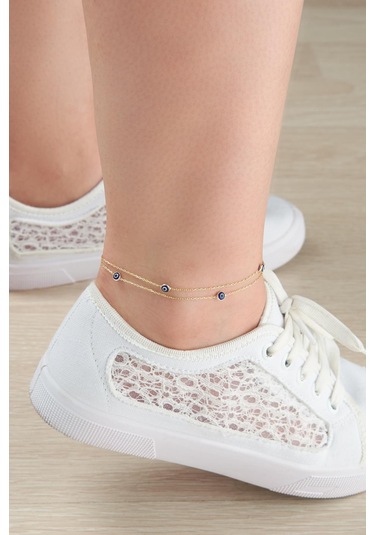 Tmt Silver Gümüş Altın Kaplama Nazar Boncuğu Çift Zincirli Halha Gümüş