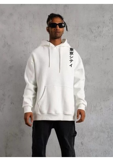 Unisex Kapşonlu Uzun Kol Baskılı Sweetshirt - Beyaz Bej - Beyaz