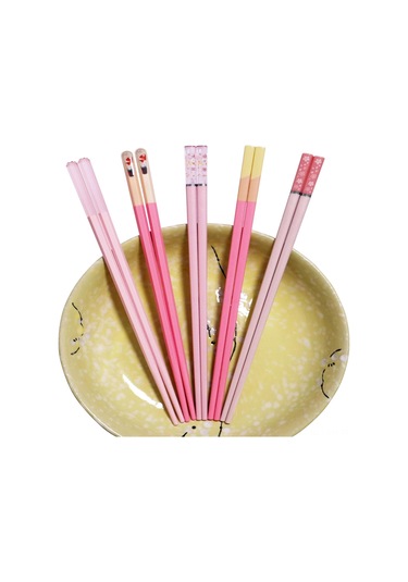 Ximistore9 5 Çift Pembe Cam Fiber Çubuk, Japon-kore Stili, Yeniden Kullanılabilir, Kaymaz, Bulaşık Makinesine Uygun, 9.6 İnç, 5 Farklı Desen Pembe