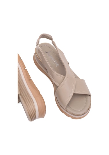 Elit Koc25-62 Kadın Hakiki Deri Dolgu Topuk Sandalet Bej Bej