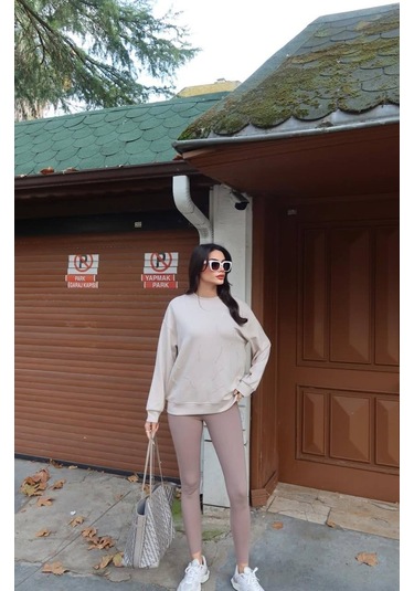 Cemo Günlük Uzun Kollu Bisiklet Yaka Basic Bluz/sweatshirt Bej