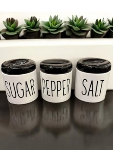 3 Lü Kavonoz Baharatlık Küçük Boy Beyaz / Siyah / Sugar /pepper / Salt / Kavonoz Seti Siyah Beyaz