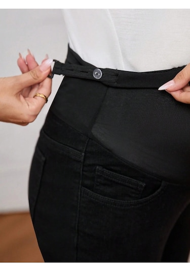 Shevega Kadın Siyah Hamile Esnek Karin Bantli Dar Paça Jeans Pantolon Siyah