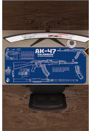 Ak 47 Siyah Kalaşnikov Cs Dikişli Kauçuk Oyuncu Mousepad - 90x40 Gaming Mouse Pad Ak-47 Mavi