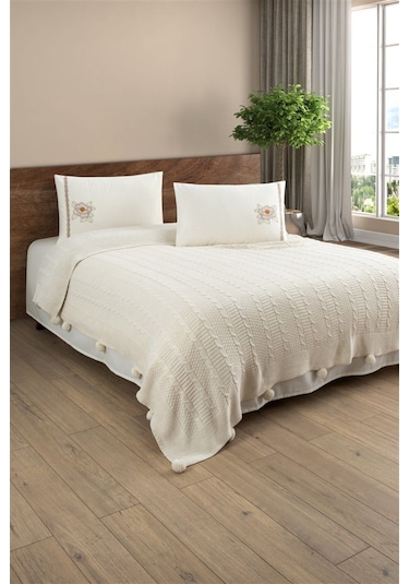 Çift Kişilik Triko Örme Battaniye Takımı-tivoli Rosetta Krem