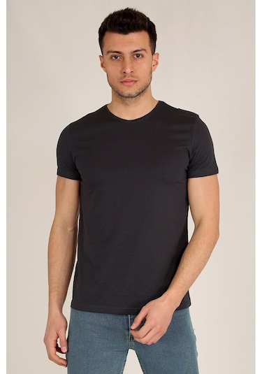 Erkek Antrasit Slim Fit Bisiklet Yaka Basic T-shirt Antrasit