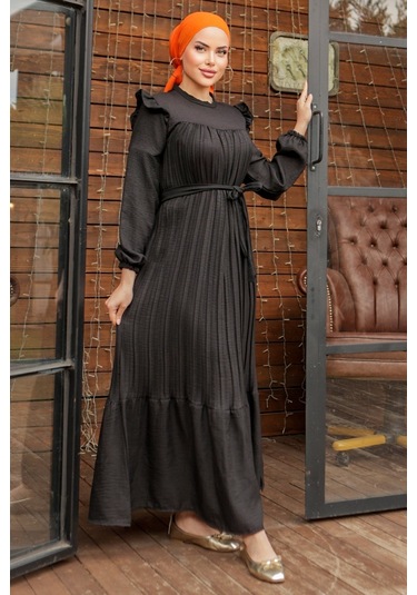 Fırfırlı Pilise Elbise 777 - Siyah