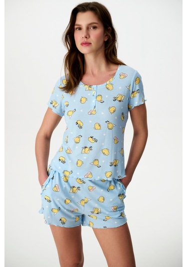Penti Açık Mavi Happine Rib Şortlu Pijama Takımı Açık Mavi