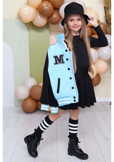 Riccotarz Kız Çocuk Düğme Detaylı Pamuklu Mavi Kolej Ceket Kadife Etekli Takım Mavi