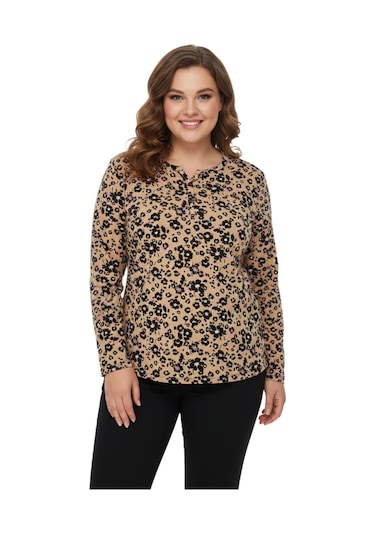 Linsolita Kadın V Yaka Baskılı 2 Düğmeli Bluz Bgl-st05093 CAMEL