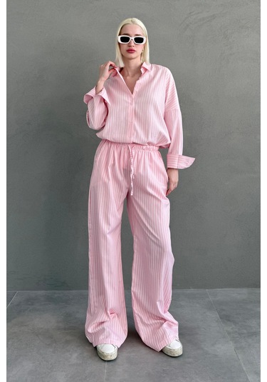 Madmext Pembe Çizgili Gömlek Pantolon Kadın Takım Mg2457 Pembe
