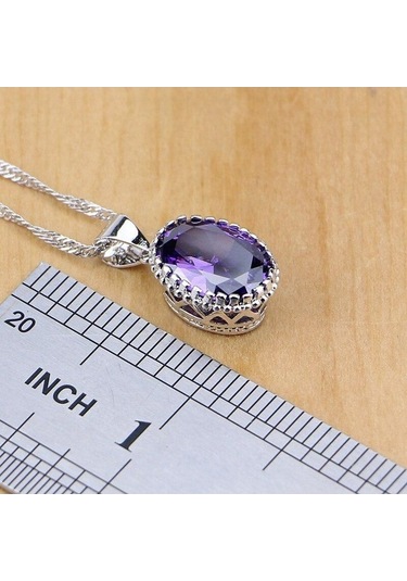 Novahub Gümüş Renk Beyaz Kristal Mor Kübik Zirkonya Takı Seti Kadınlar İçin 4 Adet, Gelin Takı Seti, Küpe, Kolye, Yüzük, 7 Halka Boyutu Mor