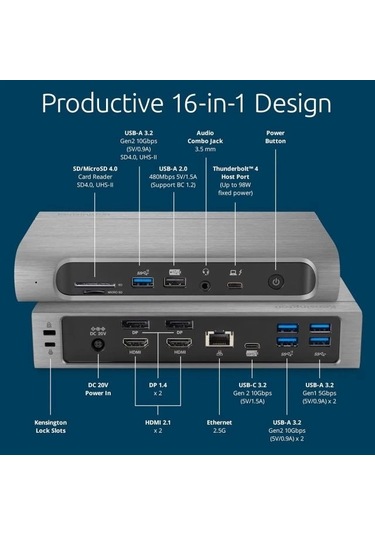 Kensington Usb4 Dörtlü 4k Ekran Bağlantı İstasyonu Sd5800t Quad 4k 100w Thunderbolt 4