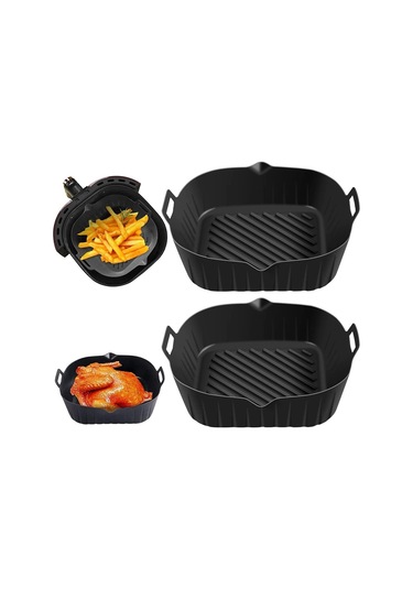 Saplı Silikon Tencere, 8.6 İnç Yeniden Kullanılabilir Hava Fritöz Kaplamaları, Siyah Siyah