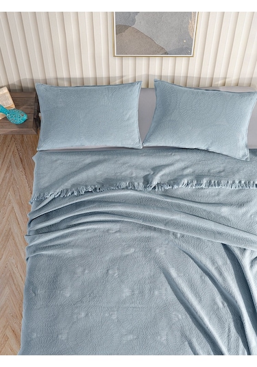 Jakar Daire Çift Kişilik Yatak Örtüsü Seti Açık Mavi Kutulu Mavi
