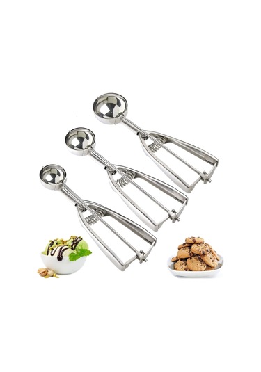 Honmex 3'lü Gıda Grade Paslanmaz Çelik Çıkartma Kolu İçe Kreması-kurabiye-meatball Toplama Kaşıkları Seti Gümüş