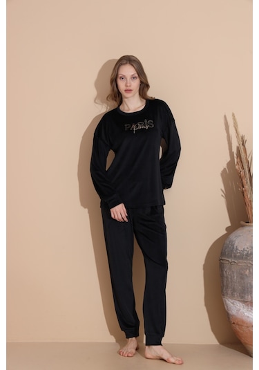Lukitus Pamuklu Kadife Pijama Takımı Siyah Kadife01 Siyah