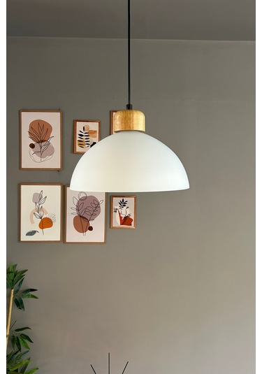 Perry Cam Tekli Avize Geniş Ahşap Beyaz Başlık Retro Sarkıt Lamba Restoran Salon Aydınlatma Beyaz