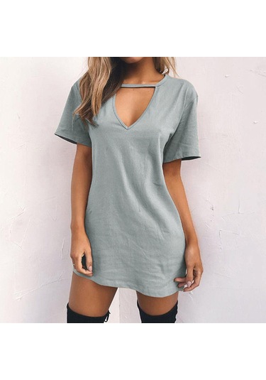 Gri Moda Kadın Rahat Kısa Kollu V Yaka Katı Bayanlar Mini Elbise Oymak