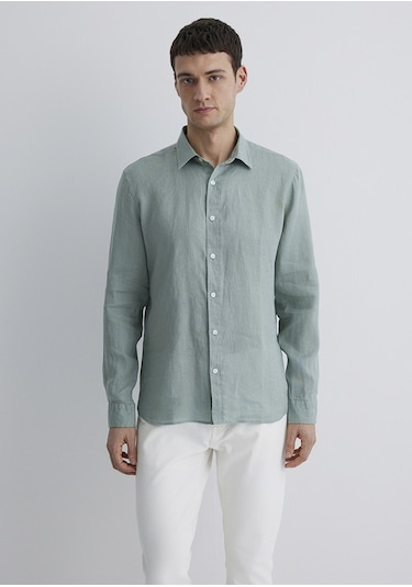 Mavi - Gri Keten Gömlek 0211466-70113 Yeşil