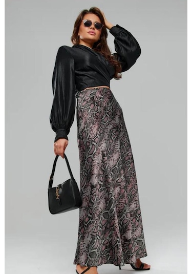Madmext Lila Desenli Saten Kadın Uzun Etek Mg2333 Lila