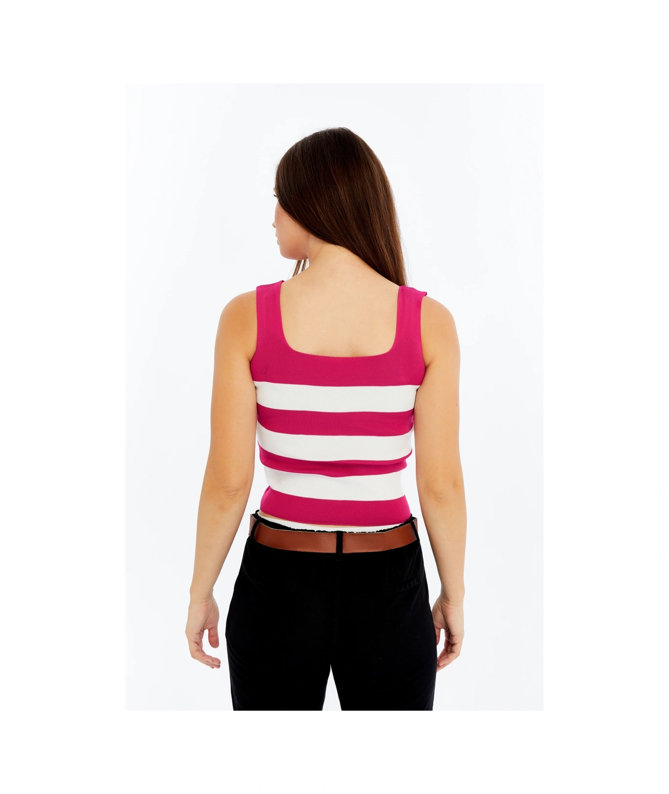 Kadın Çizgili Triko Kare Yaka Crop Atlet Fuşya Beyaz Askılı Bluz FUŞYA