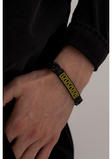 Erkek Çelik Bileklik - Kalın Siyah Grek Motifli Erkek Çelik Bileklik Çelik