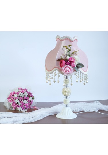 Dekovien Kadife Kaplı Çiçek Dekorlu Abajur Pembe İncili Model