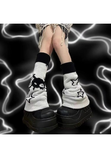 Geeroyoo İki Yönlü Giyilebilir Yıldız Desenli Polyester Dokuma Isı Sağlayan Bilek Çorabı - Siyah Beyaz Kâbus Desenli Siyah