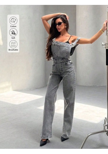 Shevega Kadın Kar Siyah Kanguru Cep Bol Paça Kot Bahçevan Tulum Siyah