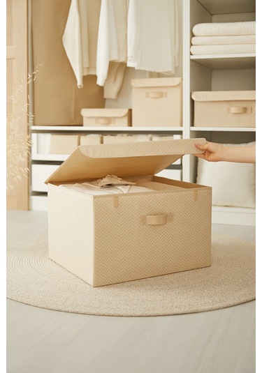 Ocean Home Textile Bej Balıksırtı Kapaklı Kutu 48 x 40 x 30 cm