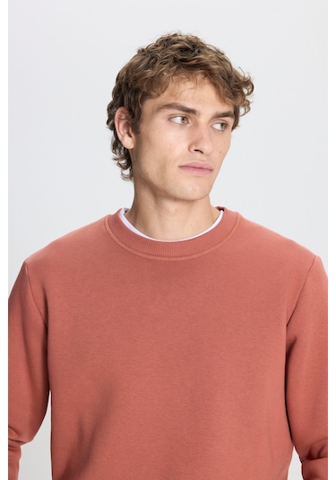 AC&Co / Altınyıldız Classics Erkek Acık Kahve Standart Fit Normal Kesim İçi Polarlı Bisiklet Yaka Sweatshirt Açık Kahverengi