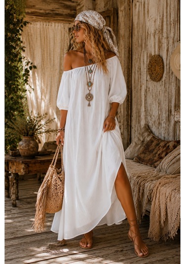 Na Addesıgn Bohem Oversize Madonna Yaka Maxi Elbise Siyah Ve Beyaz Renk Seçeneği