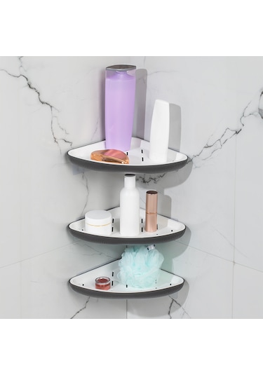 Porsima 0447 3'lü İstiridye Banyo Köşe Rafı Yapışkanlı Raf Antras Antrasit