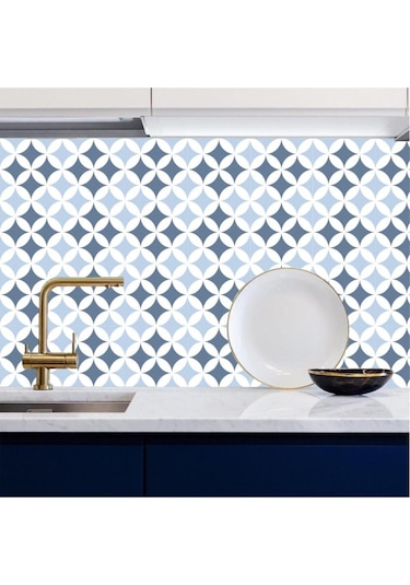 Mavi Beyaz Mutfak Tezgah Arası Kendinden Yapışkanlı Folyo Kaplama Fayans Taş Desen 60cm X 100cm