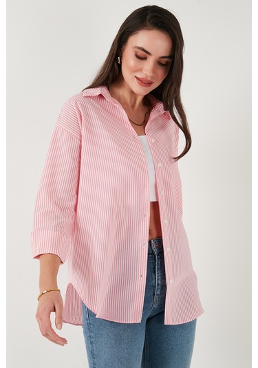 Lela Regular Fit Uzun Kollu Cepli Çizgili Bayan Gömlek 6772895 Şeker Pembe