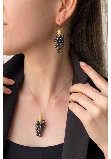 Üzüm Salkımlı Doğal İnci Küpe Kolye İkili Set 55 Cm / Rose Gümüş