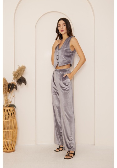 Darlin Moda Kadın Antrasit Yüksek Bel Geniş Paça Kadife Pantolon Dm3002 Antrasit