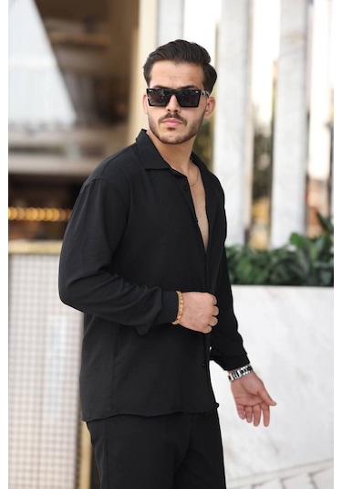 Tex Republic Erkek Siyah Rahat Kesim Dokulu Oversize Salaş Aerobin Gömlek Siyah