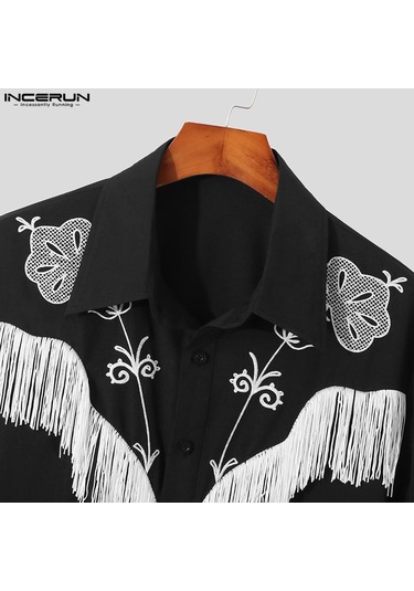 İncerun Bahar Erkek Püskül Baskılı Uzun Kol Bol Üstler Siyah