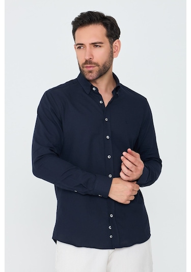 White Stone Lacivert %100 Pamuk Dynamic Fit Erkek Uzun Kollu Gömlek