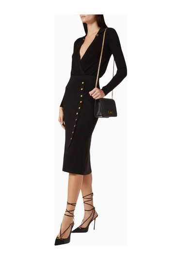 Elisabetta Franchi Triko Jewel Button Detaylı, Sofistike Midi Etek Siyah